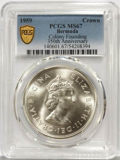 博洋堂“生趣盎然”4月精品专场暨第169期（全场包邮） PCGS MS67 英属百慕大1959年伊丽莎白二世发现百慕大350周年1克朗纪念银币-3