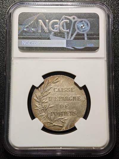 【德藏】世界币章拍卖第171期（拍品征集中~欢迎藏友联系） 19世纪 法国普瓦捷储蓄银行吕西尼昂分行代用币银章 NGC MS62 环形黄油包浆