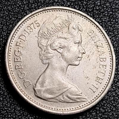 泉币菌-第231场-拍品多 请提前出价 早期老版 1975年英国大5便士镍币 皇冠蓟草23mm