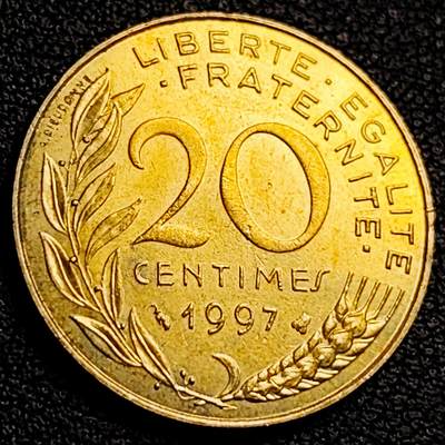 泉币菌-第231场-拍品多 请提前出价 1997年 法国20生丁 麦穗女神 20mm铜币