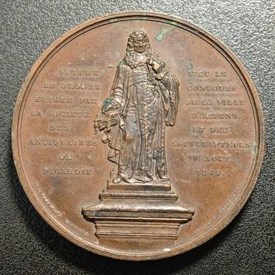 【德藏】世界币章拍卖第171期（拍品征集中~欢迎藏友联系） 1849年 法国纪念夏尔·迪弗雷纳·迪康日雕像落成高浮雕纪念铜章 手指边铭 带盒 直径约：61.3mm；重约：97.8g