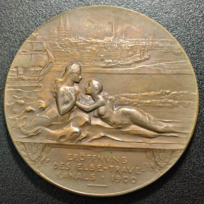 【德藏】世界币章拍卖第171期（拍品征集中~欢迎藏友联系） 1900年 德国易北-特拉沃运河开通纪念大铜章 少见品种 直径约：68.2mm；重约：124.9g