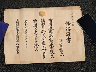 东亚欧洲主题杂货徽章勋章拍卖⑩ （五一大拍350+） 日本战时桑园改良讲席修的证明证书