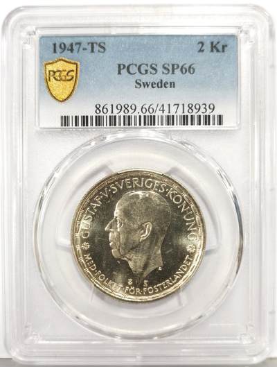 博洋堂“生趣盎然”4月精品专场暨第169期（全场包邮） NGC SP66 瑞典1947年古斯塔夫老国王2K样币！最大面值！SP精致样币！不是流通币！近期外拍火热品种，一款1937年古斯塔夫2K成交价一万多！还是PF66（非SP样币）！外带一枚同样1947年普制币。63分普制币都好几百了