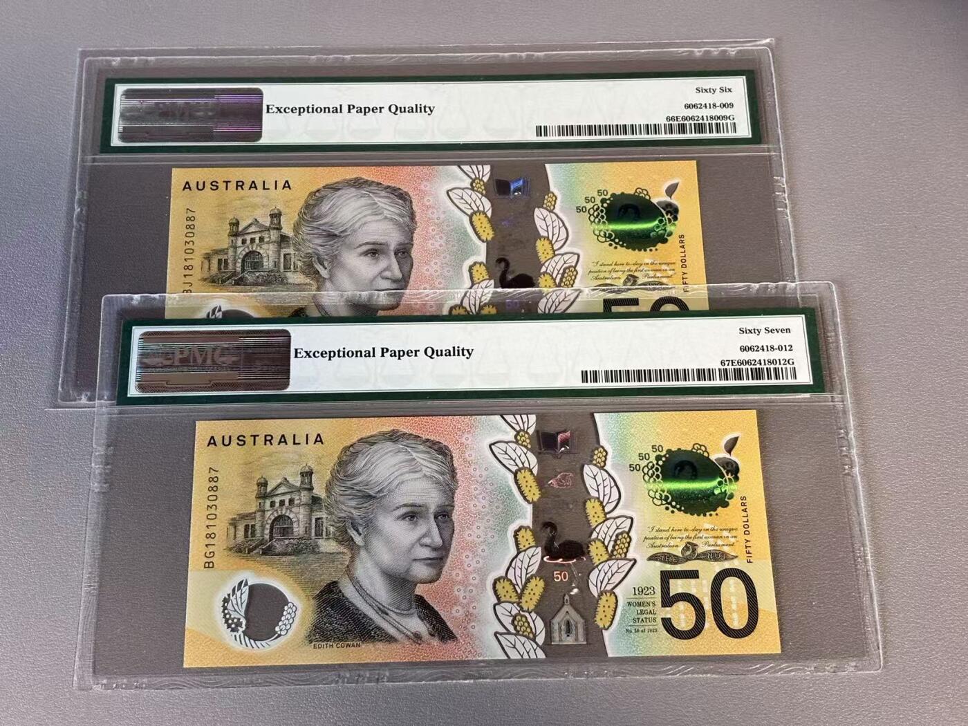 【Blue Auction】世界纸币精拍第812期——18级TOP拍卖/信誉/品质/专业/高效💫 【一组2张同号】澳大利亚 2018年50元 PMG67EPQ-66EPQ 