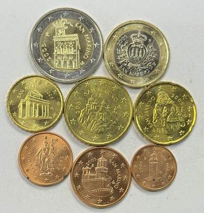 S&S Numismatic世界钱币-拍卖 第127期 圣马力诺2005年 第一版本 8枚欧元套币 含2枚双色高值币