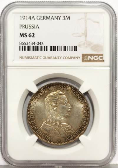 博洋堂“生趣盎然”4月精品专场暨第169期（全场包邮） NGC MS62 德国普鲁士1914年威廉二世戎装3马克银币