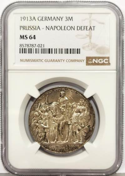 博洋堂“生趣盎然”4月精品专场暨第169期（全场包邮） NGC MS64 德国普鲁士1913年战胜拿破仑纪念3马克银币，自然彩高转光