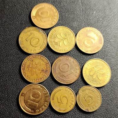 泉币菌-第230场-拍品多 请提前出价 10枚一组 联邦德国多面值芬尼硬币 橡树 麦穗银行版 混合年份