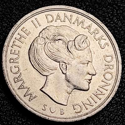 泉币菌-第231场-拍品多 请提前出价 丹麦1977年1克朗 皇冠 玛格丽特二世女王 BB版 铜镍币 25.5mm