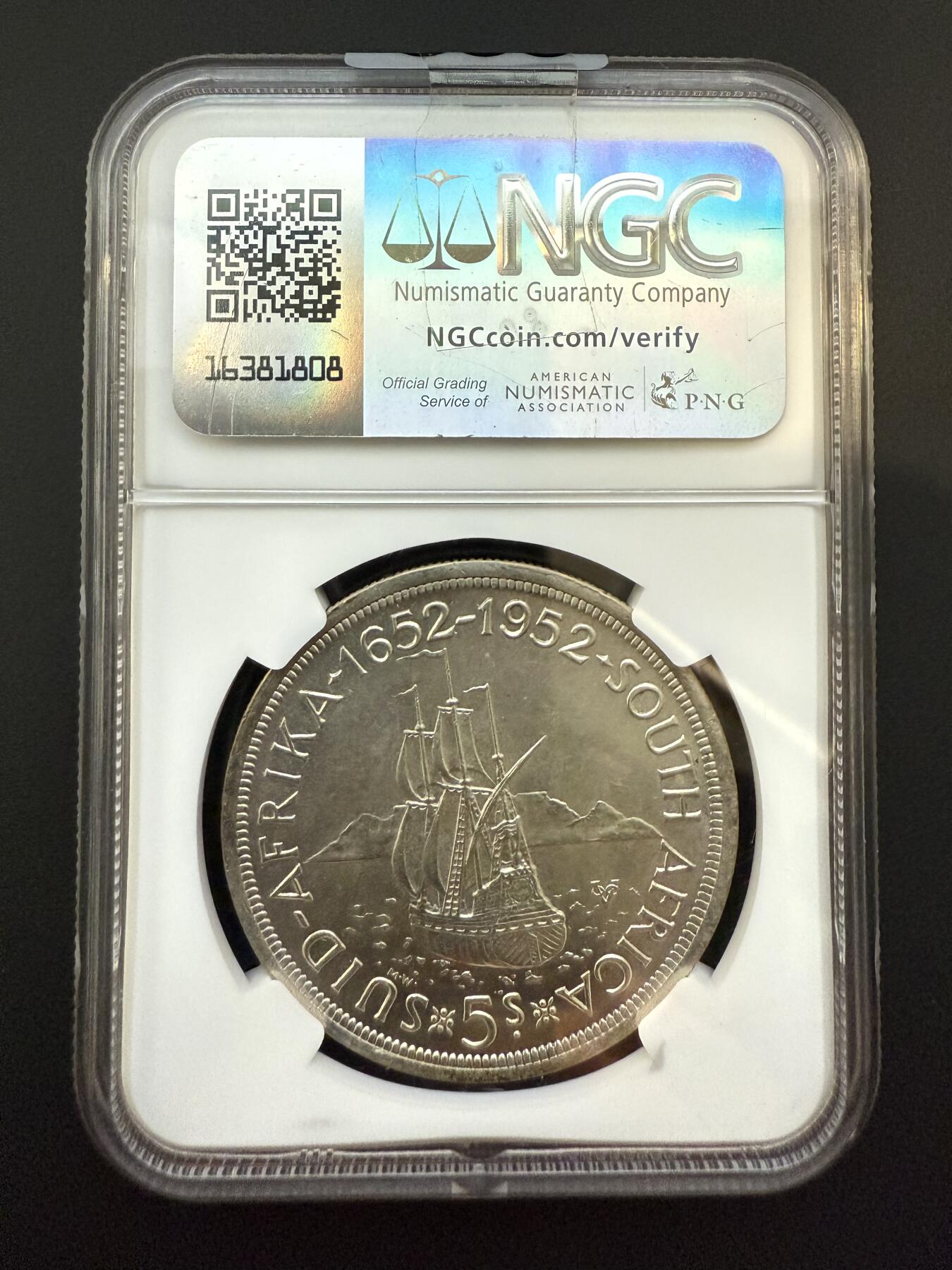 【周六 19:30】乾藏阁外国银币专场・裸币 / 评级币 + 银章铜章 保真包老 【NGC MS63】南非 1952 年开普敦建城 300 周年 5 先令银币 乔治六世帆船银币