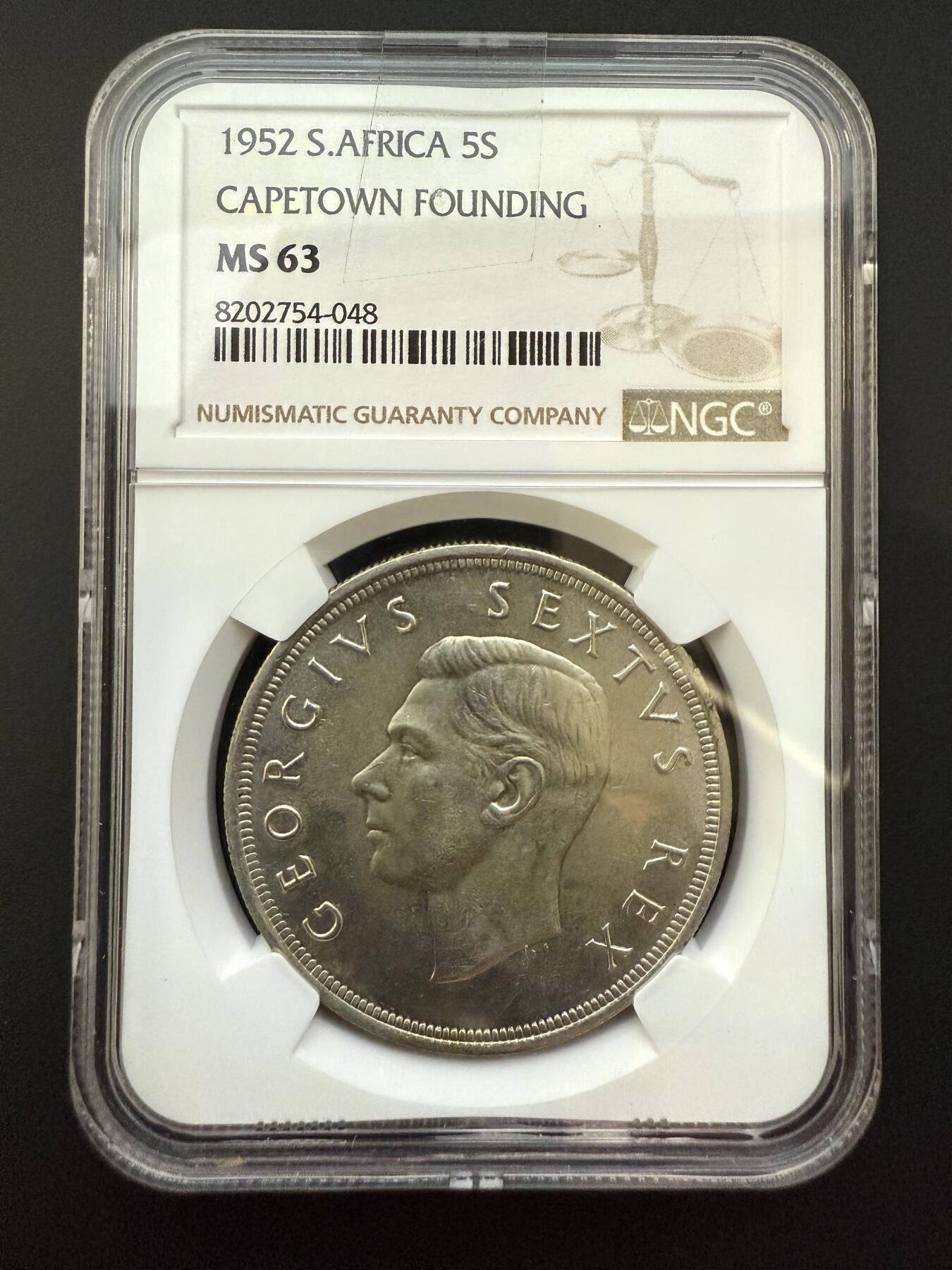 【周六 19:30】乾藏阁外国银币专场・裸币 / 评级币 + 银章铜章 保真包老 【NGC MS63】南非 1952 年开普敦建城 300 周年 5 先令银币 乔治六世帆船银币