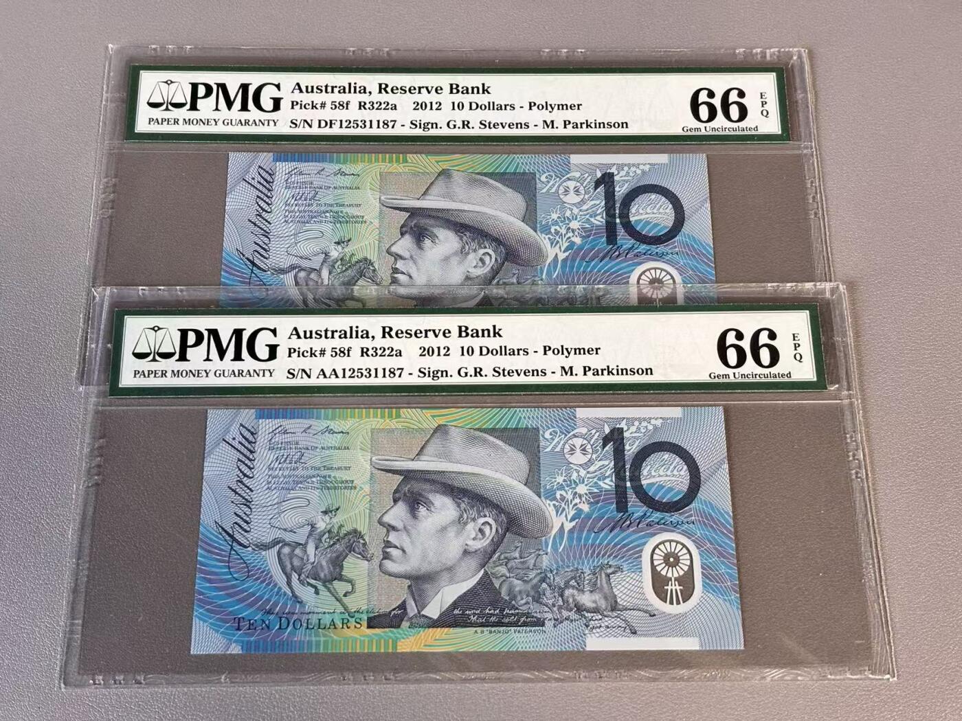【Blue Auction】世界纸币精拍第812期——18级TOP拍卖/信誉/品质/专业/高效💫 【一组2张 含AA冠 同号】澳大利亚 2012年10元 PMG66EPQ 