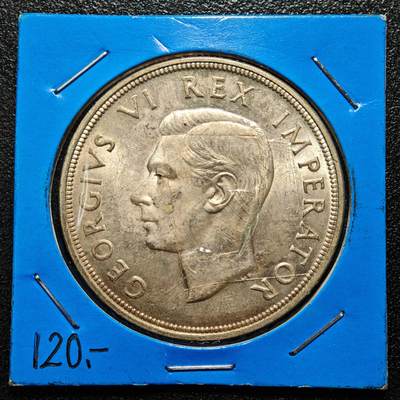 【德藏】世界币章拍卖第171期（拍品征集中~欢迎藏友联系）  老藏家集藏系列之- 1947年 英属南非5先令银币 800银 直径约：38.61mm；重约：28.2g 入册20余年·附有当年购入价