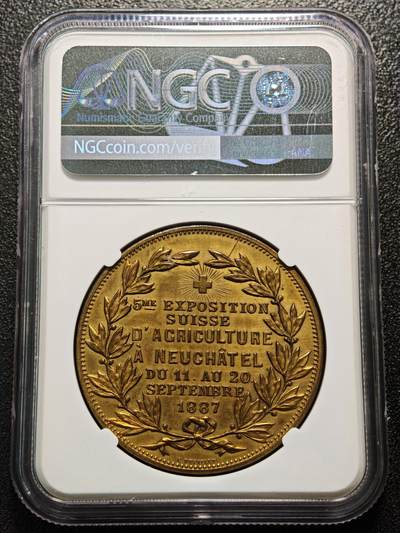 【德藏】世界币章拍卖第171期（拍品征集中~欢迎藏友联系） 1887年 瑞士纽沙泰尔第五届全国农业博览会铜质纪念铜章 NGC UNC 细节极其丰富