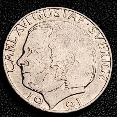 泉币菌-第231场-拍品多 请提前出价 瑞典1991年1克朗铜镍币，卡尔十六世 古斯塔夫，25mm