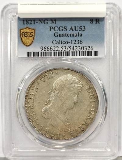 博洋堂“生趣盎然”4月精品专场暨第169期（全场包邮） PCGS AU53 西属危地马拉1821年NG M费迪南七世双柱8R银币，稀少品种