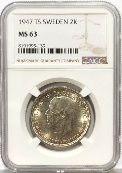 博洋堂“生趣盎然”4月精品专场暨第169期（全场包邮） NGC SP66 瑞典1947年古斯塔夫老国王2K样币！最大面值！SP精致样币！不是流通币！近期外拍火热品种，一款1937年古斯塔夫2K成交价一万多！还是PF66（非SP样币）！外带一枚同样1947年普制币。63分普制币都好几百了
