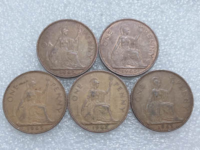 第一海外回流一元起拍收藏 散集专场  第311期 英国1便士铜币 5枚 大不列颠英国女神