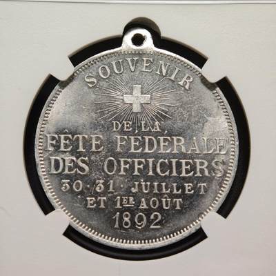 【德藏】世界币章拍卖第171期（拍品征集中~欢迎藏友联系） 1892年 瑞士军官节城市景观白色金属纪念章 NGC MS63 品相极佳 