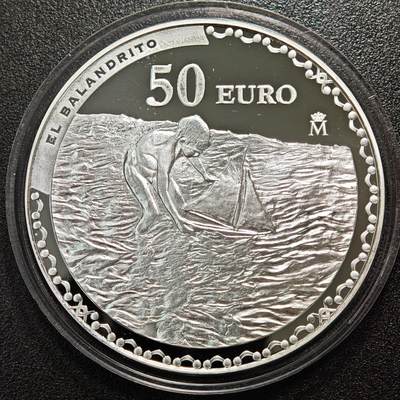 【德藏】世界币章拍卖第171期（拍品征集中~欢迎藏友联系） 2023年 西班牙华金·索罗拉逝世百年名画海边散步50欧元精制彩色纪念大银币 925银 直径约：73.1mm；重约：168.7g