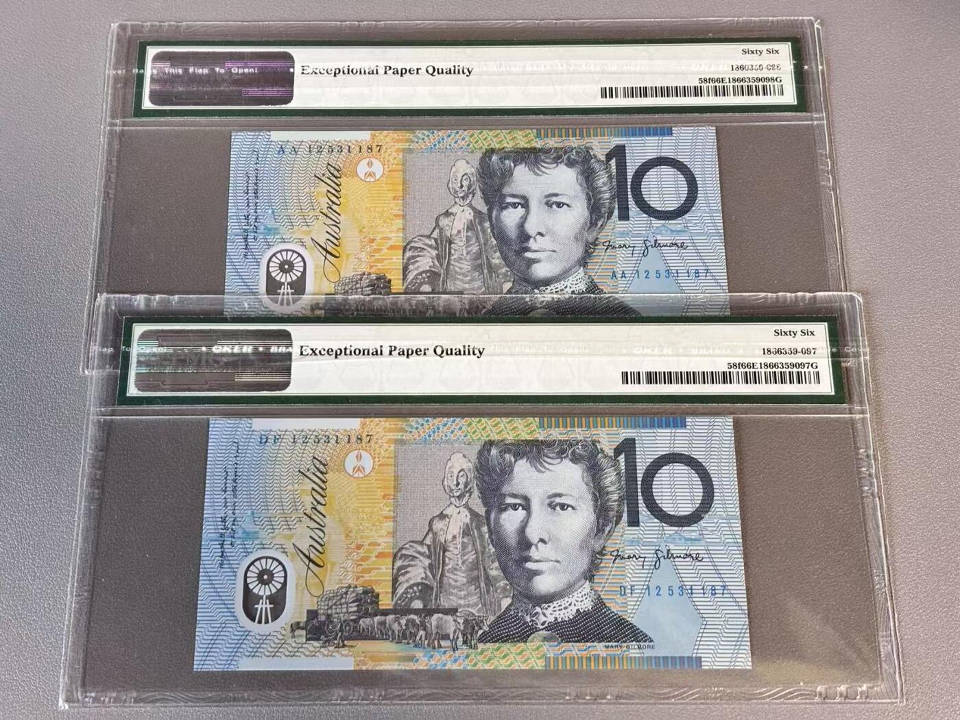 【Blue Auction】世界纸币精拍第812期——18级TOP拍卖/信誉/品质/专业/高效💫 【一组2张 含AA冠 同号】澳大利亚 2012年10元 PMG66EPQ 