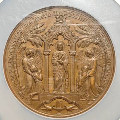 【德藏】世界币章拍卖第171期（拍品征集中~欢迎藏友联系） 19世纪 法国宗教洗礼高浮雕纪念大铜章 69mm NGC MS65BN 细节极其丰富 少见品种