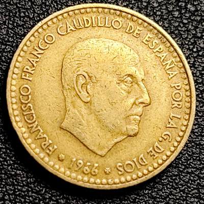 泉币菌-第231场-拍品多 请提前出价 西班牙1966年1比塞塔 独裁者佛朗哥 铝青铜币 硬币 21mm 