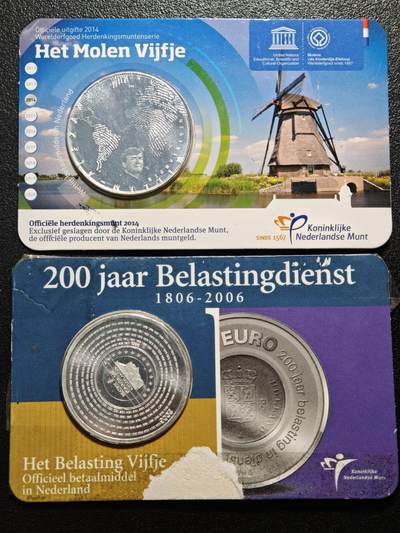 【德藏】世界币章拍卖第171期（拍品征集中~欢迎藏友联系） 2枚一组 荷兰 2014年风车5欧元镀银纪念币 及 2006年 税务200周年5欧元镀银纪念币 直径约：mm；重约：g