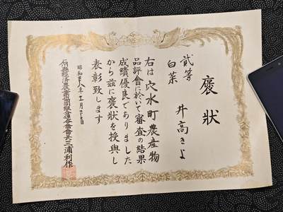 东亚欧洲主题杂货徽章勋章拍卖⑩ （五一大拍350+） 日本昭和二十八年白菜仙人赏状