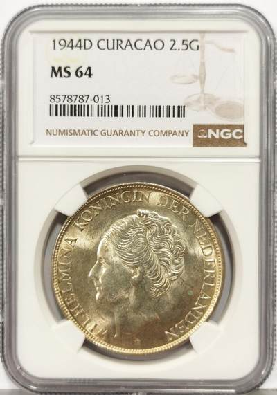 博洋堂“生趣盎然”4月精品专场暨第169期（全场包邮） NGC MS64 荷属库拉索1944年2.5盾银币，黄油彩转光强烈