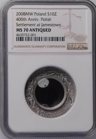 S&S Numismatic世界钱币-拍卖 第126期  获奖币*波兰2008年 北美移居400周年 10兹罗提镶嵌玻璃纪念银币 NGC MS70冠军分