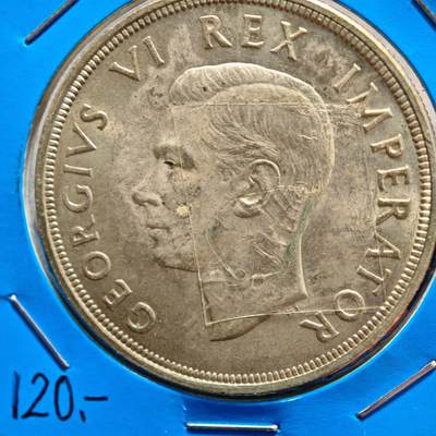 【德藏】世界币章拍卖第171期（拍品征集中~欢迎藏友联系）  老藏家集藏系列之- 1947年 英属南非5先令银币 800银 直径约：38.61mm；重约：28.2g 入册20余年·附有当年购入价