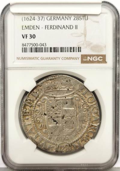 博洋堂“生趣盎然”4月精品专场暨第169期（全场包邮） NGC VF30 德国埃姆登自由市1624-37年28斯图贝银币，稀见品种
