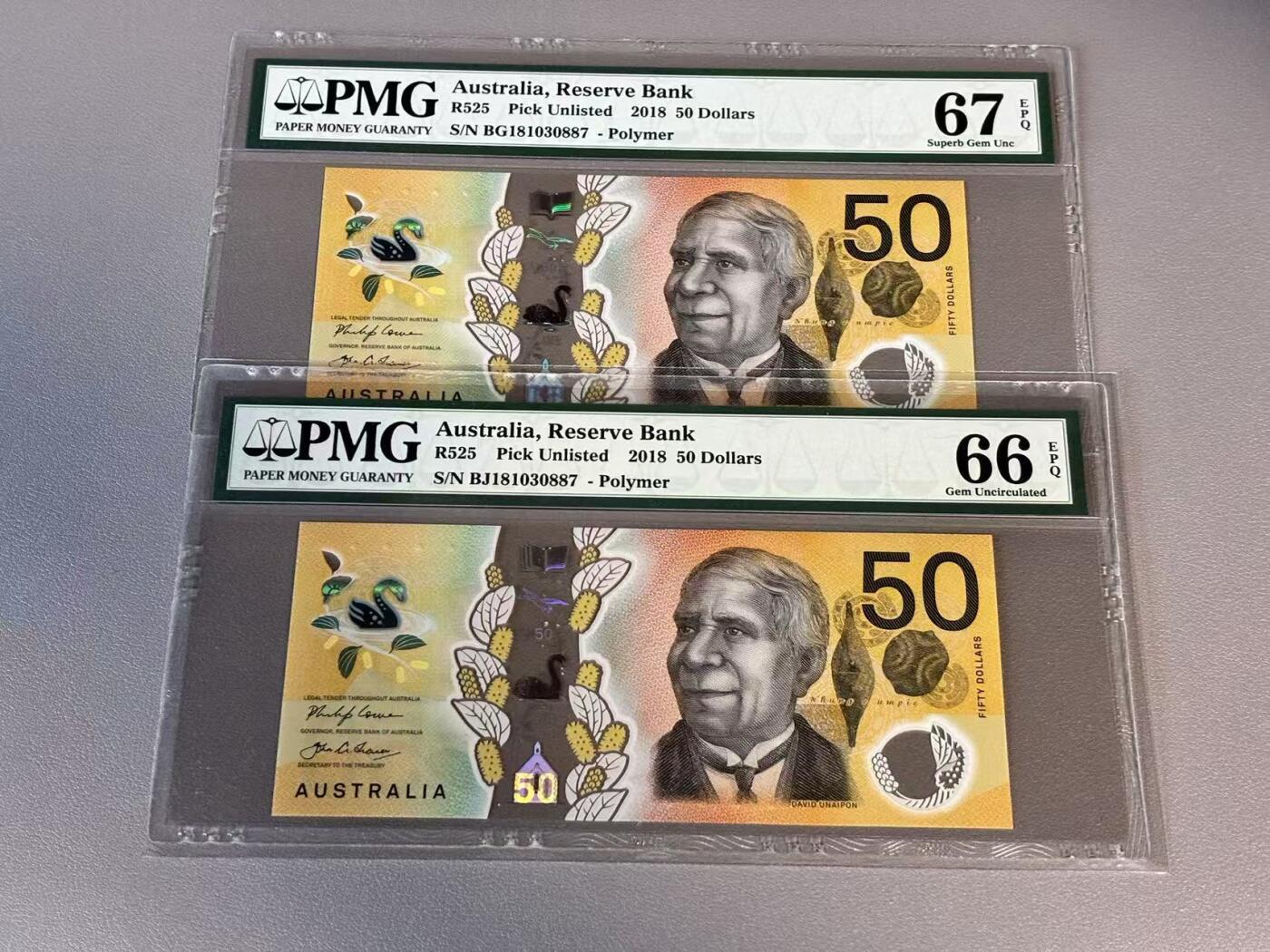 【Blue Auction】世界纸币精拍第812期——18级TOP拍卖/信誉/品质/专业/高效💫 【一组2张同号】澳大利亚 2018年50元 PMG67EPQ-66EPQ 