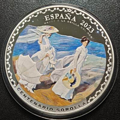 【德藏】世界币章拍卖第171期（拍品征集中~欢迎藏友联系） 2023年 西班牙华金·索罗拉逝世百年名画海边散步50欧元精制彩色纪念大银币 925银 直径约：73.1mm；重约：168.7g