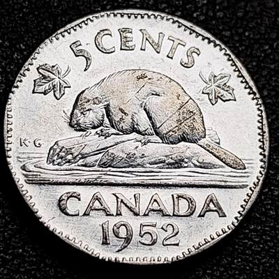 泉币菌-第231场-拍品多 请提前出价 原光美品 乔治六世 1952年加拿大5分硬币 21mm 纪念币铜钱