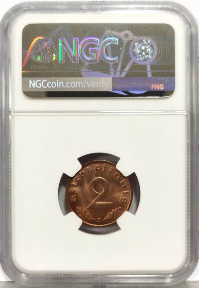 博洋堂“生趣盎然”4月精品专场暨第169期（全场包邮） NGC MS66RB 德国1939年2芬尼铜币，冠军分！越来越贵的元首流通币