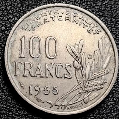 泉币菌-第231场-拍品多 请提前出价 自由女神 法国1955年100法郎镍铜硬币 24毫米