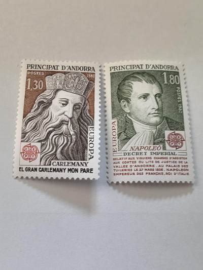 各国成套新旧票 法属安道尔邮票 1980年欧罗巴.历史人物.查理大帝.拿破仑 2全新雕
