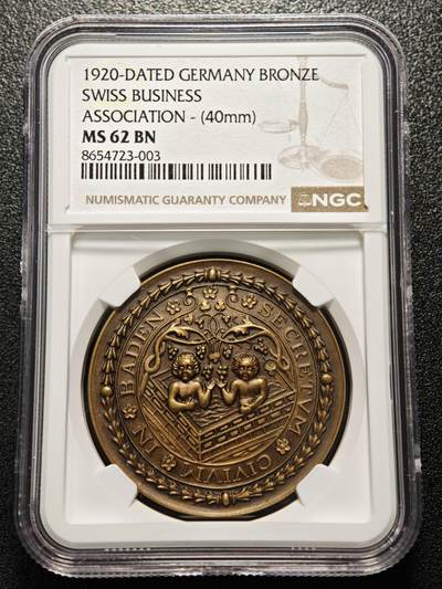 【德藏】世界币章拍卖第171期（拍品征集中~欢迎藏友联系） 1920年 瑞士商业协会在德国巴登召开代表大会纪念铜章 NGC MS62BN 立体感极强 加厚盒封装