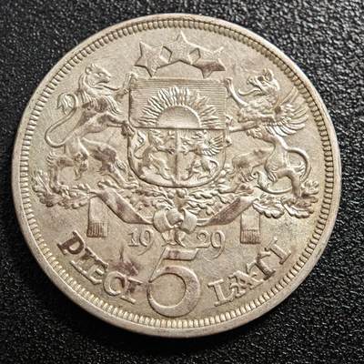 【德藏】世界币章拍卖第171期（拍品征集中~欢迎藏友联系） 1929年 拉脱维亚女神5拉特银币 835银 直径约：37mm；重约：24.9g