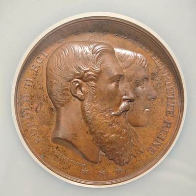 【德藏】世界币章拍卖第171期（拍品征集中~欢迎藏友联系） 1878年 比利时利奥波德二十与玛丽纪念皇室活动57mm高浮雕纪念大铜章 NGC MS62BN 立体感极强 人物刻画极其细致