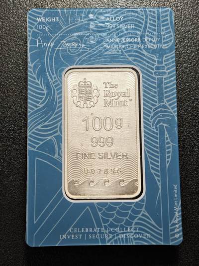 【德藏】世界币章拍卖第171期（拍品征集中~欢迎藏友联系） 英国皇家铸币厂 100克 不列颠女神 999纯银 银条 直径约：28mm×48mm