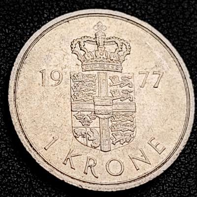 泉币菌-第231场-拍品多 请提前出价 丹麦1977年1克朗 皇冠 玛格丽特二世女王 BB版 铜镍币 25.5mm