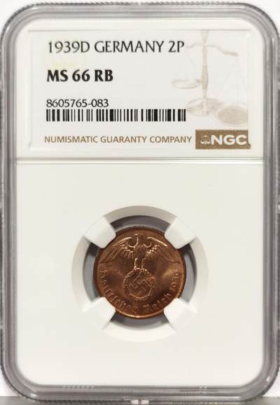 博洋堂“生趣盎然”4月精品专场暨第169期（全场包邮） NGC MS66RB 德国1939年2芬尼铜币，冠军分！越来越贵的元首流通币