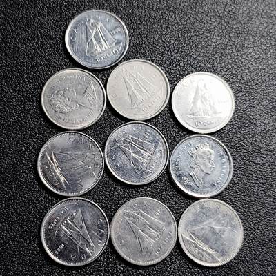 泉币菌-第231场-拍品多 请提前出价 10枚高币值一组 加拿大10分镍币 帆船 伊丽莎白二世 混合年份未挑