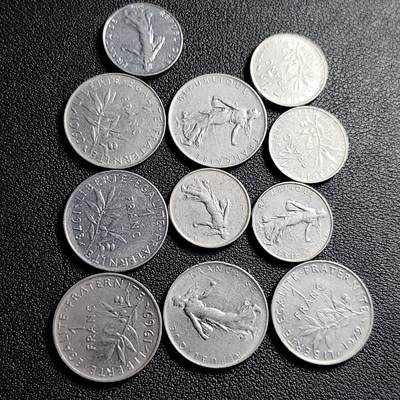 泉币菌-第231场-拍品多 请提前出价 11枚一组 法国法郎镍币 混合年份