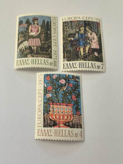 各国成套新旧票 希腊邮票 1975年欧罗巴-哈特兹米歇尔绘画花瓶 带帽女孩等3全新