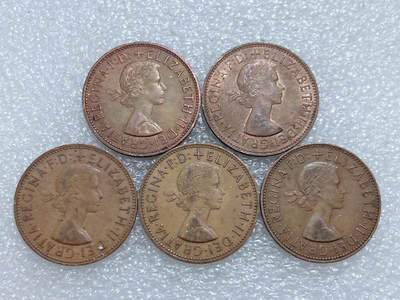 第一海外回流一元起拍收藏 散集专场  第311期 英国1便士铜币 5枚 大不列颠英国女神